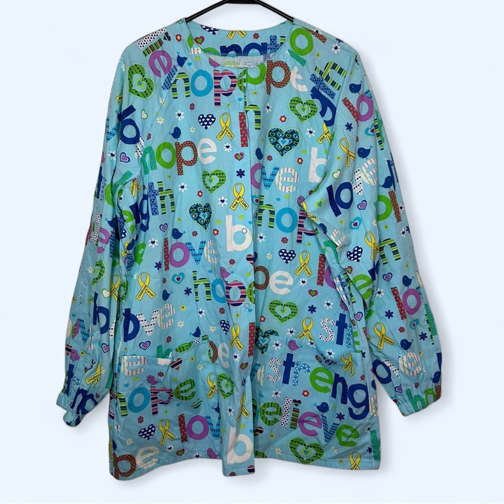 Bio Childhood Cancer Scrub Top in Light Blue Size Large NWT Love Hope Strength